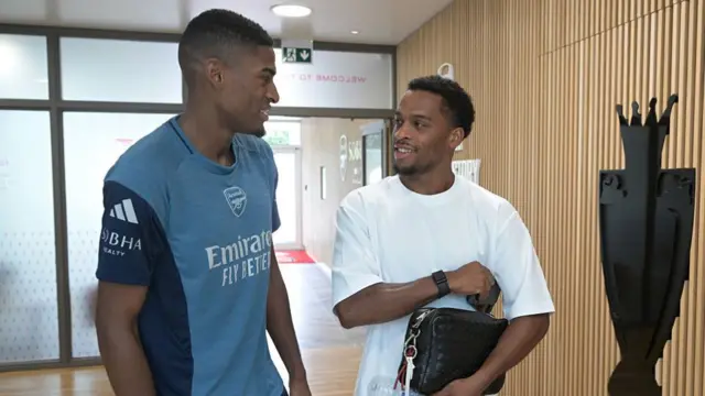 Arsenal new signing Cristhian Mosquera with (R) Jurrien Timber at Sobha Realty Training Centre
