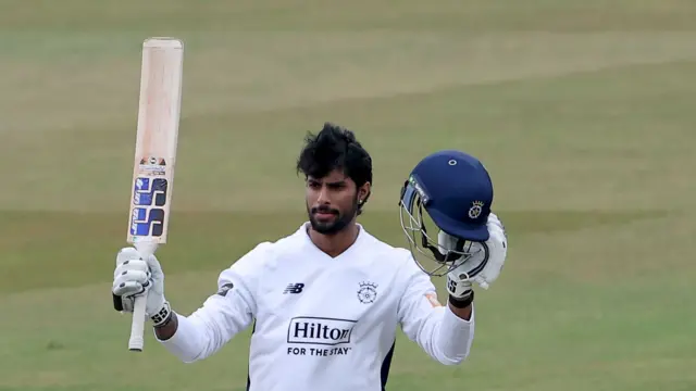 Tilak Varma celebrates scoring a century for Hampshire
