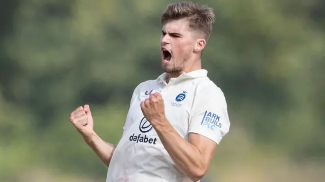 Middlesex's Noah Cornwell celebrates taking a wicket in their win over Northants