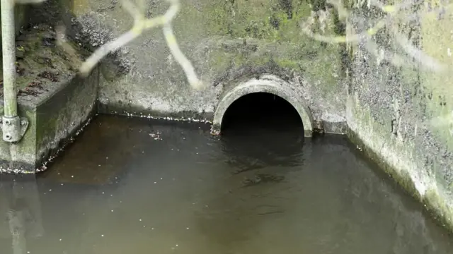 An outlet is seen into a river with dirty water
