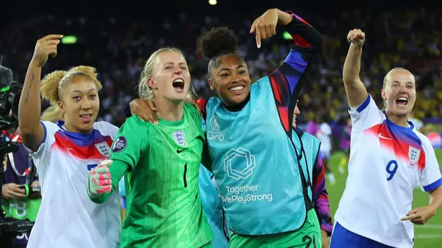 Lauren James, Hannah Hampton, Khiara Keating and Beth Mead of England celebrate victory and progression to the semi-final