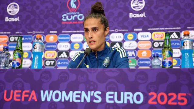 Montse Tome, Head Coach of Spain, speaks to the media during the Spain Press Conference ahead of the UEFA Women's EURO 2025 Final between England and Spain at St. Jakob-Park
