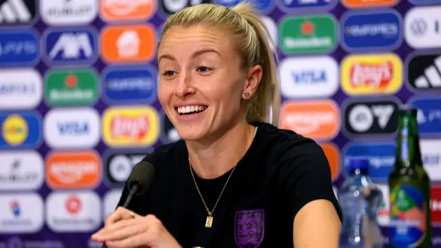 Leah Williamson of England speaks to the media during the England Press Conference