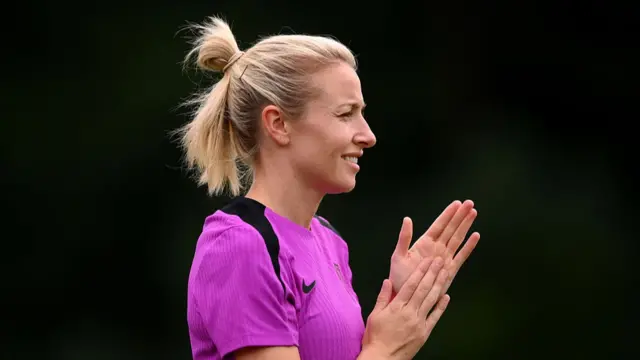 Leah Williamson of England looks on during a training session