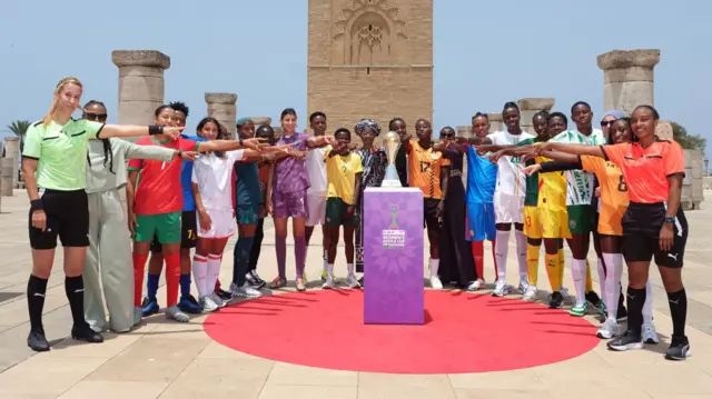 Nigeria and Morocco players with the Women's Africa Cup of Nations 2024 trophy