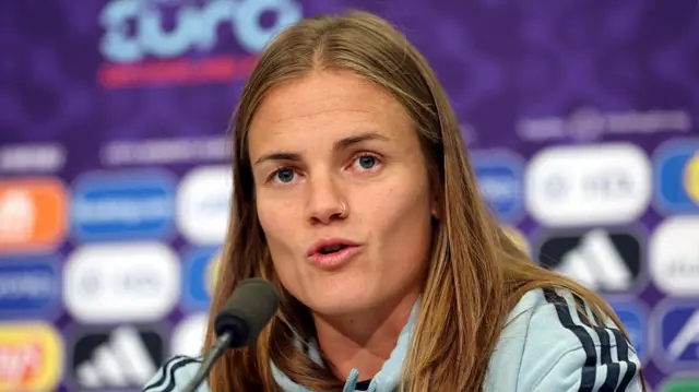 Irene Paredes of Spain speaks to the media during the Spain Press Conference ahead of the UEFA Women's EURO 2025 Final between England and Spain at St. Jakob-Park