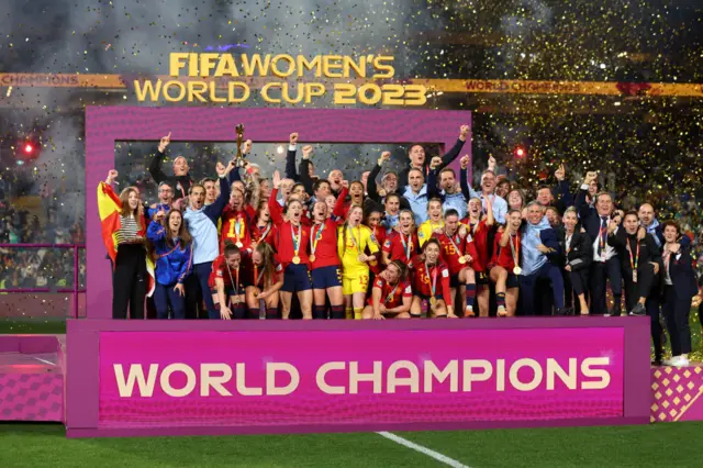 Spain celebrate lifting World Cup trophy in 2023 Australia