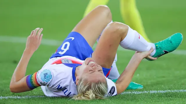 Leah Williamson of England goes down with an injury during the UEFA Womens EURO 2025 Quarter-Final match between Sweden and England at Stadion Letzigrund