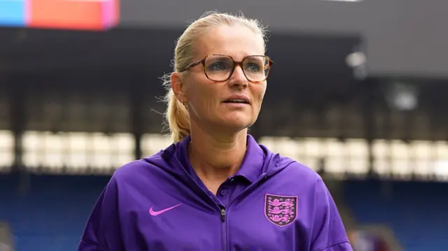 Sarina Wiegman, Head Coach of England, looks on prior to a training session ahead of the UEFA Women's EURO 2025 final at St. Jakob-Park