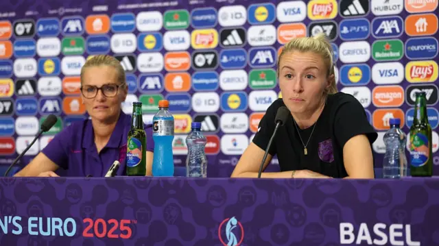 Sarina Wiegman, Head Coach of England, and Leah Williamson of England speak to the media