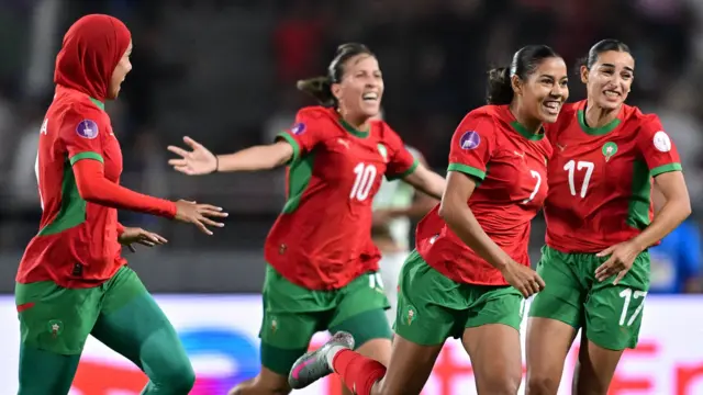 Morocco celebrate Ghizlane Chebbak's goal against Nigeria