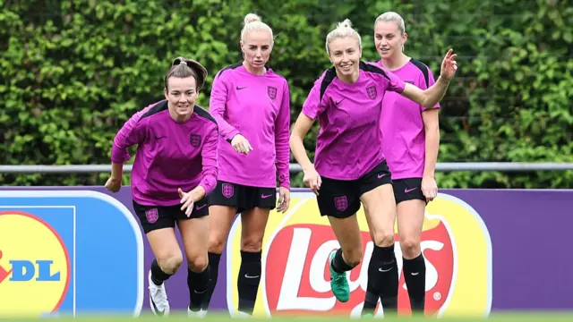 Lauren Hemp and Leah Williamson of England train during the England Training session