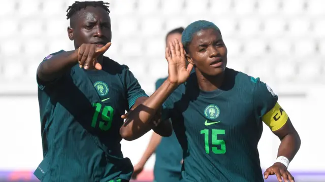 Rasheedat Ajibade celebrates scoring a goal for Nigeria at the 2024 Women's Africa Cup of Nations