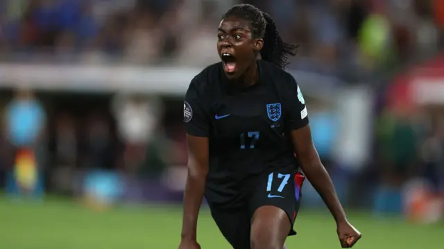 Michelle Agyemang of England celebrates a score during the UEFA Women's EURO Switzerland 2025 semi-final match between England and Italy at the Stade de Genève