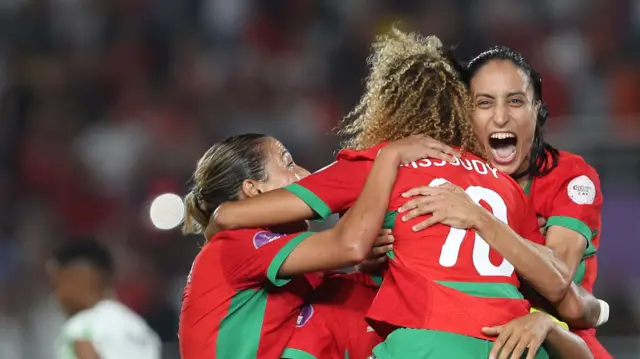 Morocco celebrate Sanaa Mssoudy's goal against Nigeria