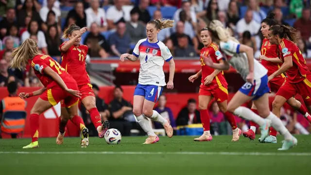 Keira Walsh of England run with the ball during the UEFA Women's Nations League 2024/25 Grp A3 MD6 match between Spain and England at RCDE Stadium