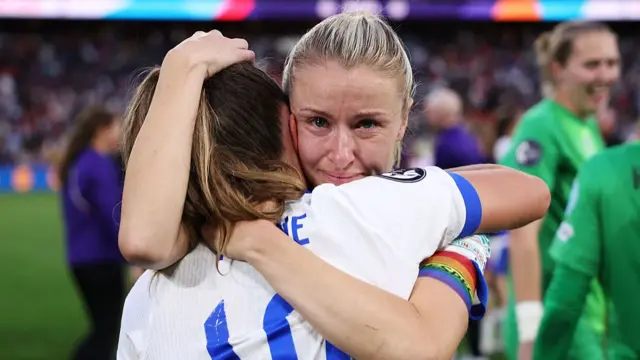 Leah Williamson of England embraces Ella Toone of England after the teams victory in the UEFA Women's EURO 2025 Final match between England and Spain at St. Jakob-Park