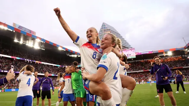Georgia Stanway and Alessia Russo of England celebrate the teams victory