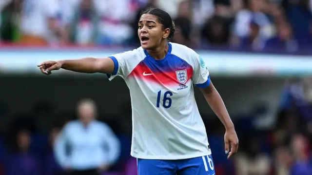 Jessica Carter of England reacts