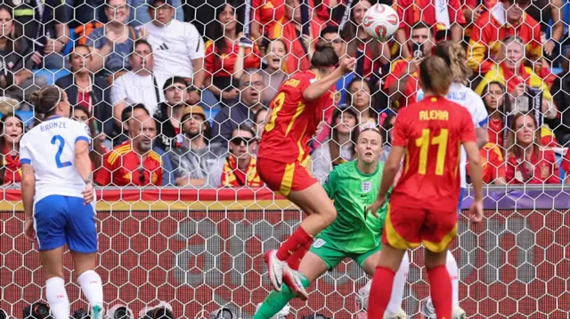 Mariona Caldentey of Spain scores her team's first goal past Hannah Hampton of England