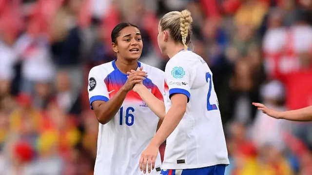 Alessia Russo of England celebrates with teammate Jess Carter after scoring her team's first goal