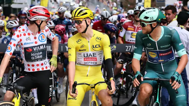 Jonas Vingegaard, Tadej Pogacar and Jonathan Milan before the final stage of the 2025 Tour de France