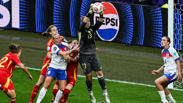 Spanish keeper makes a save