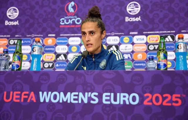 Spain head coach Montse Tome speaking to media at Euro 2025 Switzerland