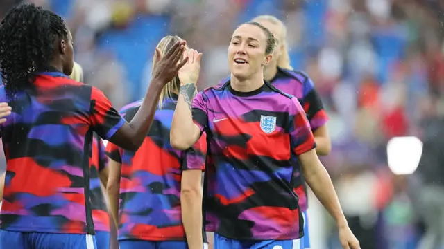 Michelle Agyemang of England and Lucy Bronze of England warm up before the UEFA Women's EURO 2025 Final match between England and Spain at St. Jakob-Park