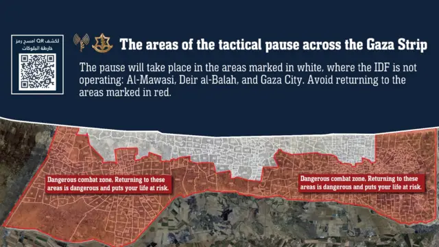 The IDF released the map detailing the areas it says will have a "tactical pause" in fighting. It shows a large area in red, and parts of the area in white.