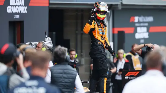 Piastri celebrates winning the Belgian GP at Spa.