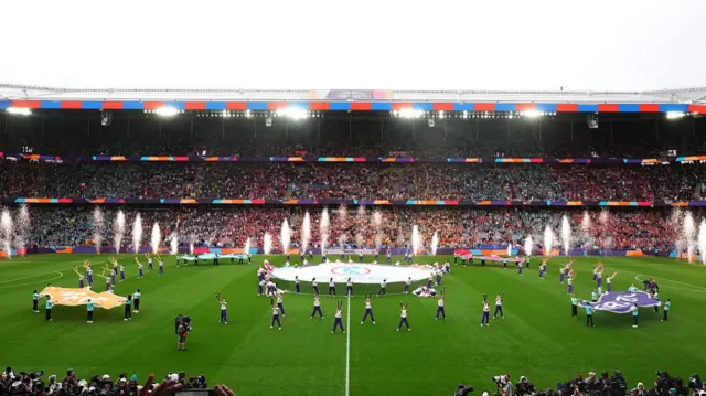 General view inside the stadium during a pre match performance prior to the UEFA Women's EURO 2025 Final match between England and Spain at St. Jakob-Park