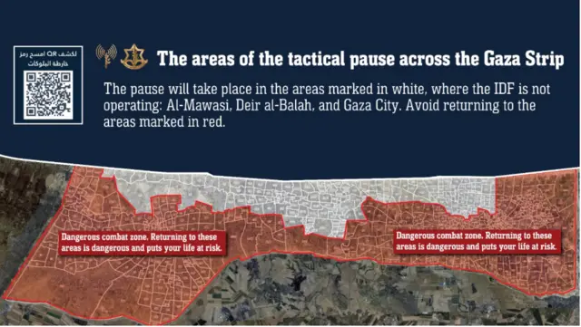 An IDF map showing the areas of the tactical pause across the Gaza Strip