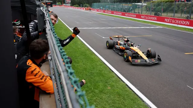 McLaren pit wall celebrates as Oscar Piastri wins the Belgian GP.