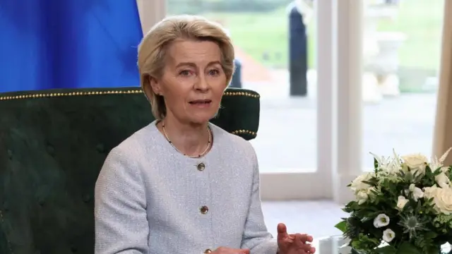 Urusula von de Leyen sat on a chair next to some flowers