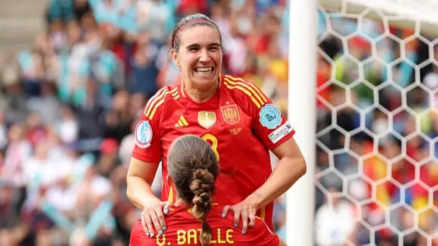Mariona Caldentey of Spain celebrates scoring her team's first goal with teammate Ona Batlle