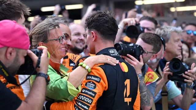 Lando Norris hugs his mum Cisca Wauman after qualifying at Spa.