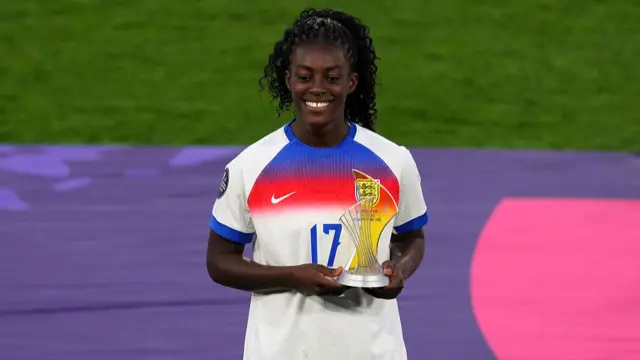 Michelle Agyemang of England poses for a photo after being presented with the UEFA Young Player of the Tournament award following the UEFA Women's EURO 2025 Final match between England and Spain at St. Jakob-Park
