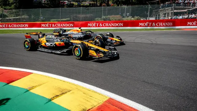 Oscar Piastri's McLaren leads Max Verstappen's Red Bull during Saturday at Spa.