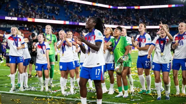 Michelle Agyemang of England celebrates the victory after the UEFA Women's EURO 2025 Final match between England and Spain at St. Jakob-Park