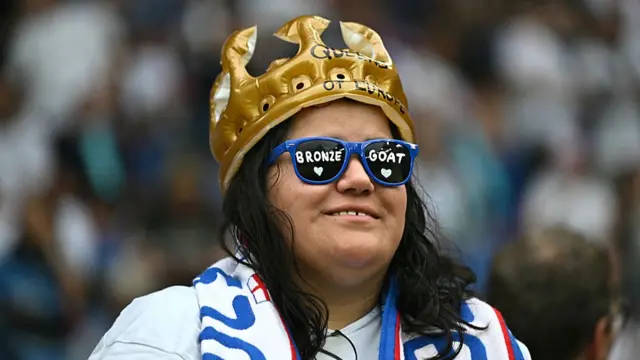 An England fan waits in the stands ahead of the UEFA Women's Euro 2025 final football match between England and Spain, at the St. Jakob-Park Stadium