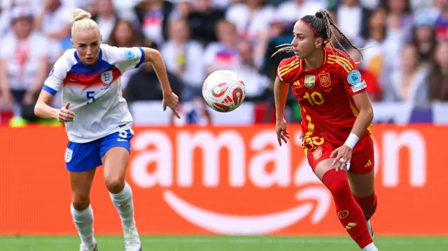Alex Greenwood of England and Athenea of Spain during the UEFA Women's EURO 2025 Final match between England and Spain at St. Jakob-Park