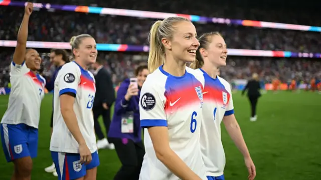 Leah Williamson of England looks on after winning