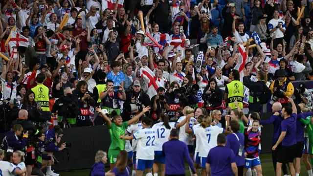 ngland's players celebrate winning the UEFA Women's Euro 2025 final football match between England and Spain at the St. Jakob-Park Stadium