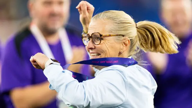 Head Coach of England, Sarina Wiegman celebrates after winning the UEFA Women's EURO 2025 Final match between England and Spain at St. Jakob-Park