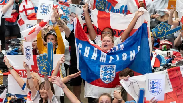 England fans react as they watch a live broadcast of the Women's Euro final football match between England and Spain, at Boxpark Wembley in London