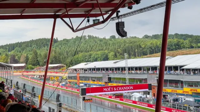 The final straight at Spa showing blue skies.