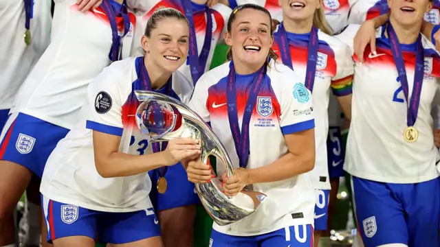Alessia Russo and Ella Toone of England celebrate with the UEFA Women's EURO trophy after their team's victory