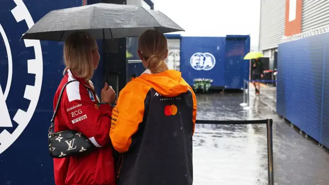 A fan wearing a Ferrari coat alongside a fab wearing a McLaren coat under an umbrella in the paddock at Spa.