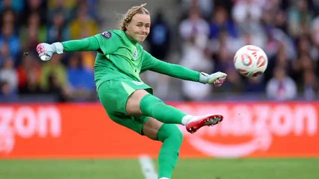 Hannah Hampton of England clears the ball